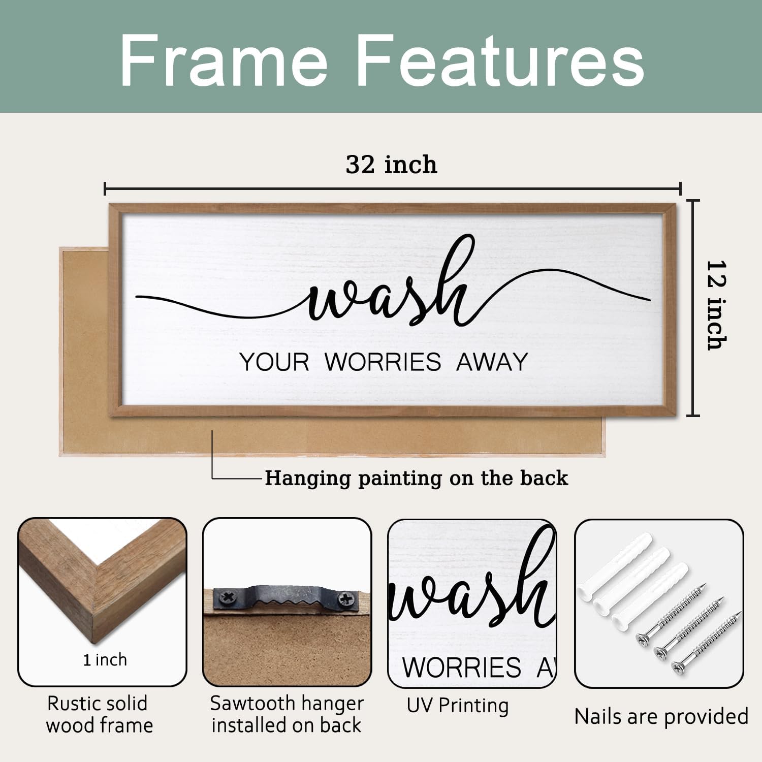 Foutcheou Funny Wash Your Worries Away Bathroom Wall Decor Sign 32x12 Inch Framed Wooden Wall Art with Inspirational Quote, Farmhouse for Home Laundry Room Guest Powder Room Wall Decor