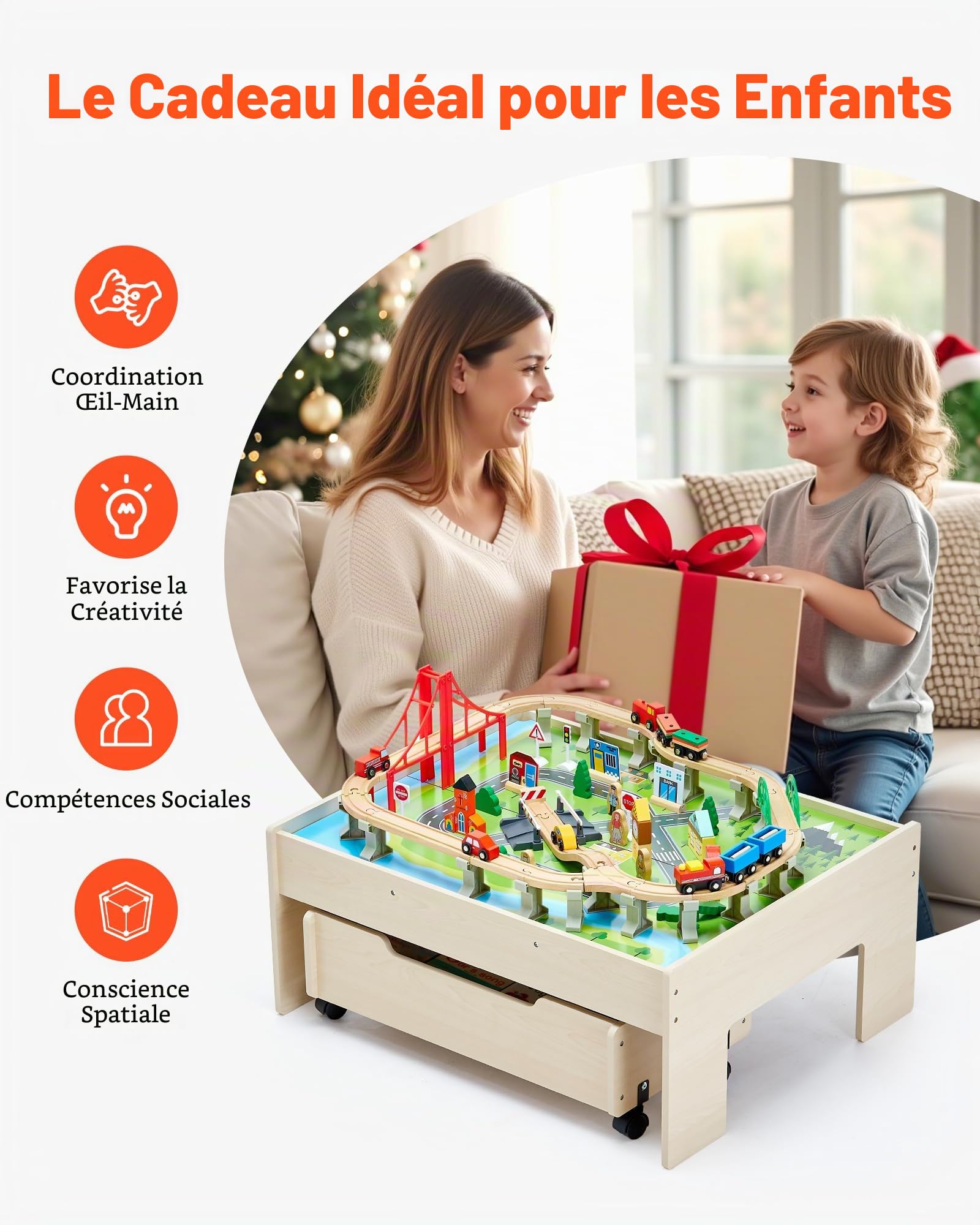 VEVOR Table Circuit Train Bois, 100 PCS, avec Rail de Train, Tiroir Rangement Roulant, Table Activités 3 en 1 Double Face pour Jouer, Dessiner, Lire, Manger, Jouets Créatifs pour Enfants 3 Ans et Plus