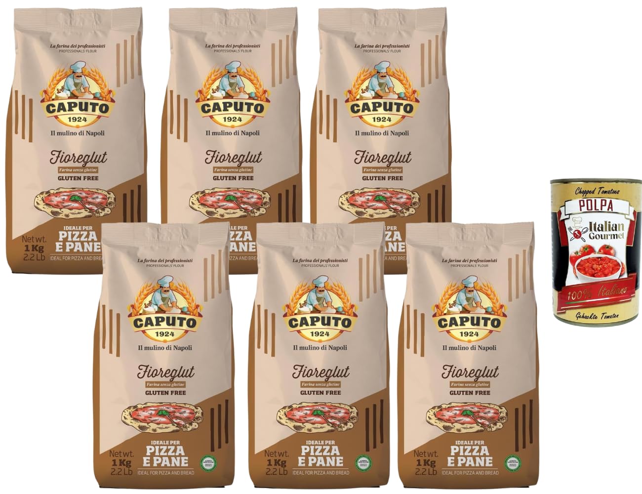 Italian Gourmet Bundle 6 x 1 kg Farine Sans Gluten pour Pizza et Pain + Italian Gourmet Polpa 400 g, préparation spéciale sans gluten pour pâte à pizza et pain, mix farine gluten free