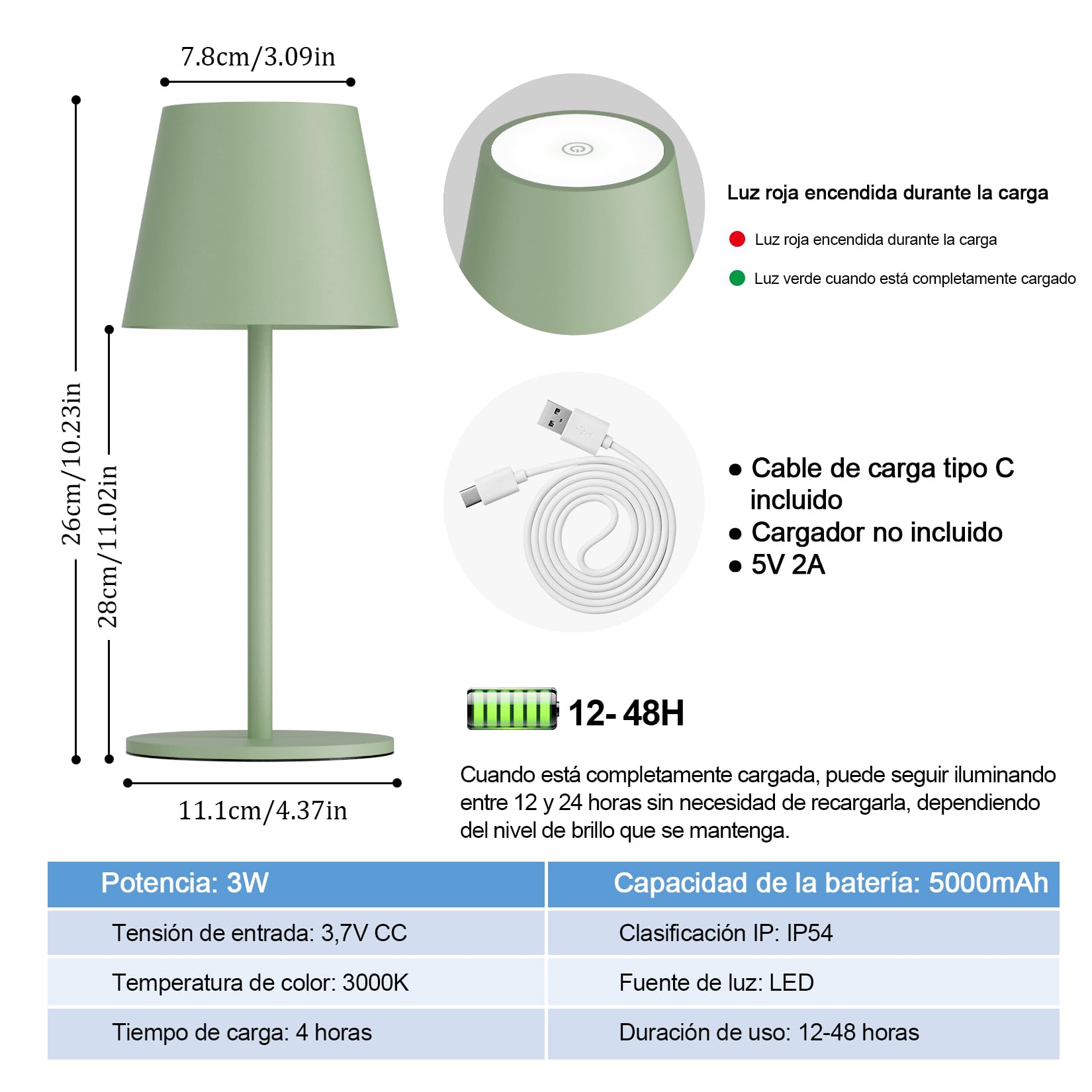 Dimmable 2pcs led recargable lámpara de mesa 26CM, 5000mAh(5V 2A) camping lámpara recargable, 3W 3000K lámpara, IP54 al aire libre para restaurante, dormitorio,Oficina(Verde)