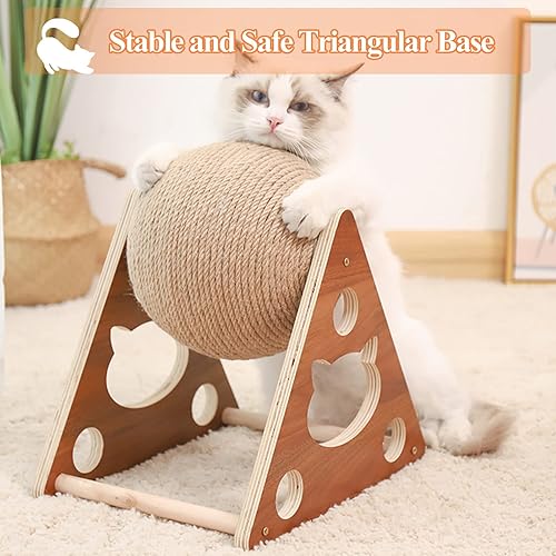 Miniatura 3 de Juguete rascador para gatos, bola rascador de sisal natural con campana integrada, bola rascador interactiva de madera maciza para gatos y gatitos