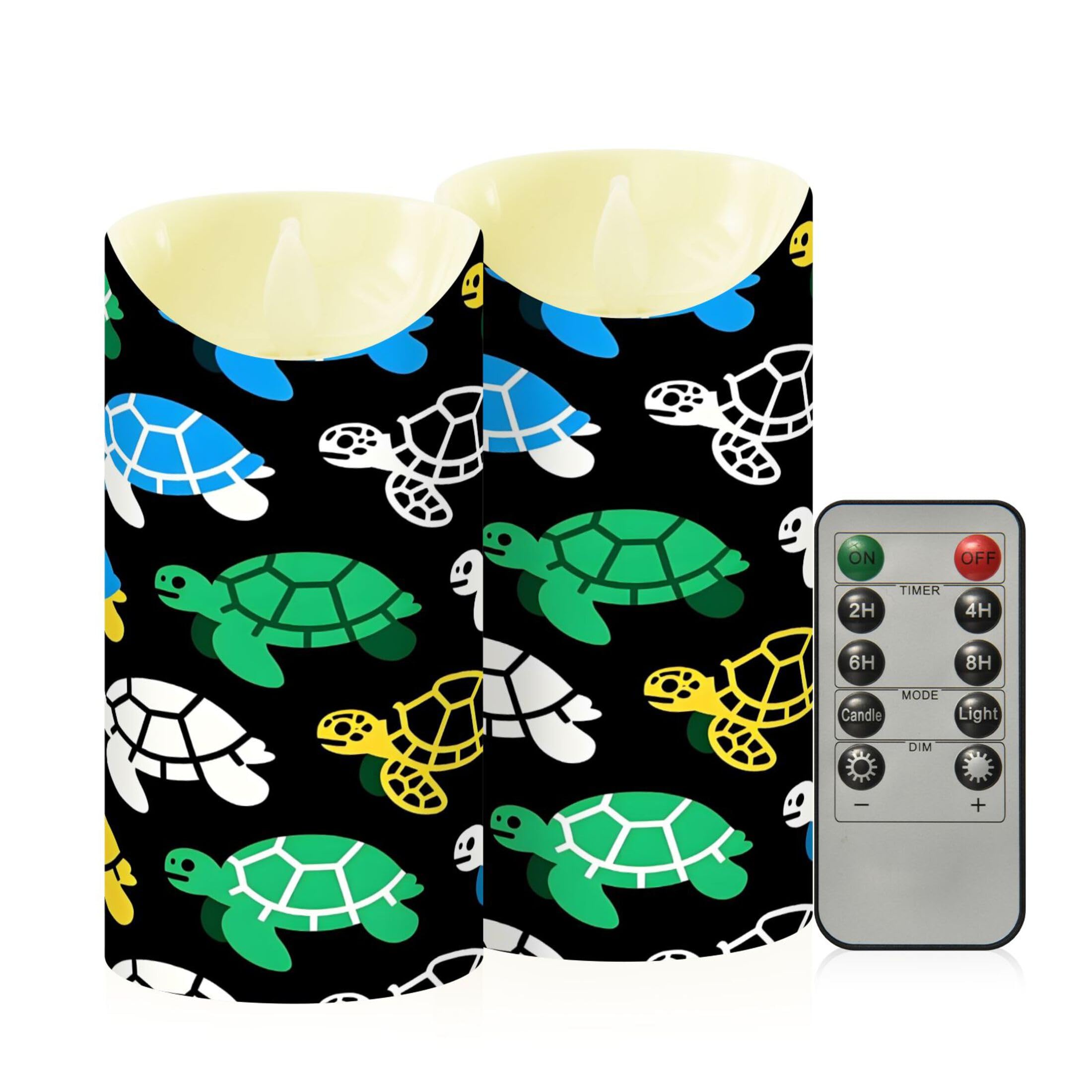 Kutsu Colorful Turtles Flameless Candles Set of 2, Battery Operated LED Flickering Candles with Remote and Timer, Plastic Pillar Candles for Home Wedding Decor