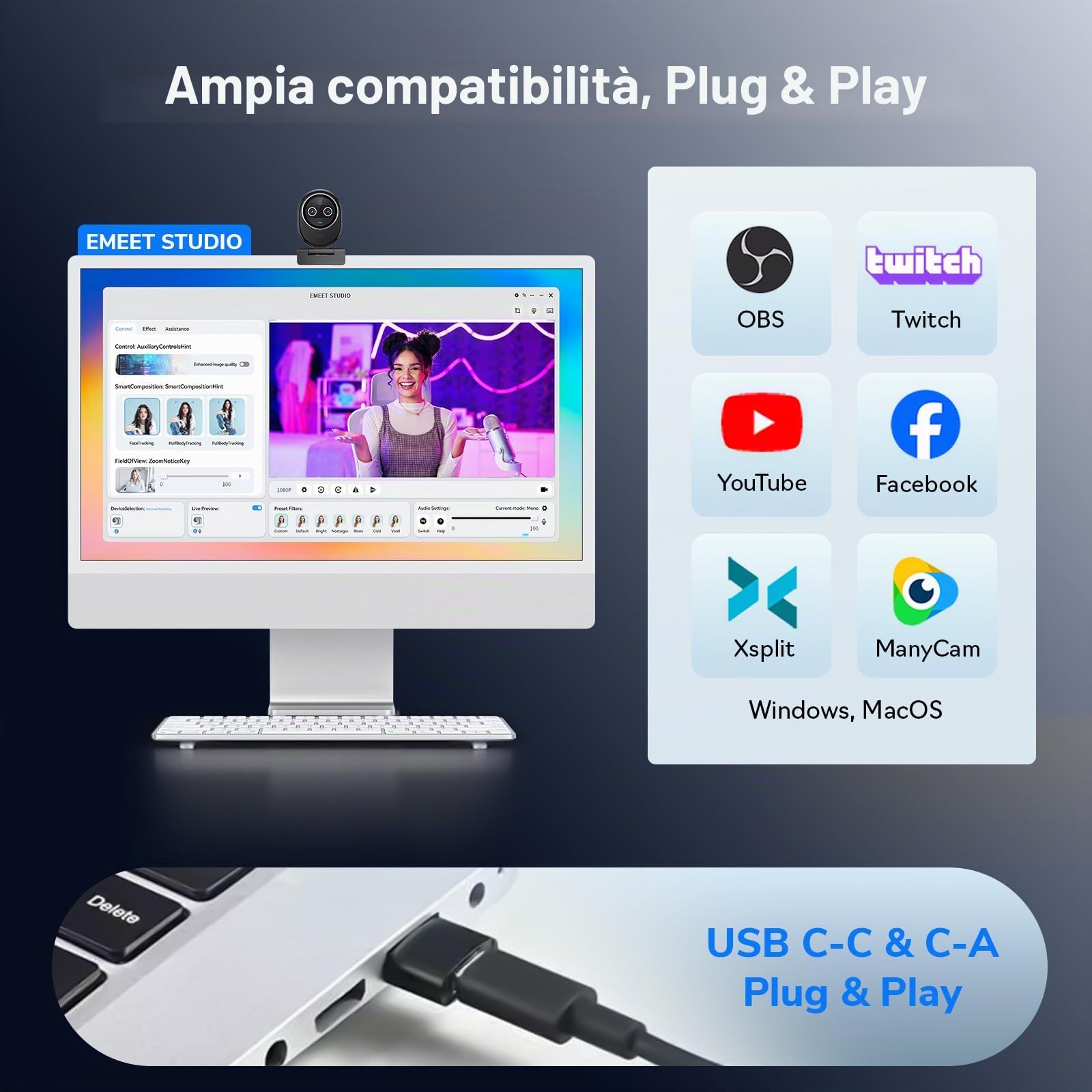 EMEET Piko+ Webcam 4K, la Prima Webcam 4K con Doppia Fotocamera AI al Mondo, 3 Microfoni e 3 Modalità Audio, Cover Magnetica per la Privacy Panda, per Gli Streamer Live