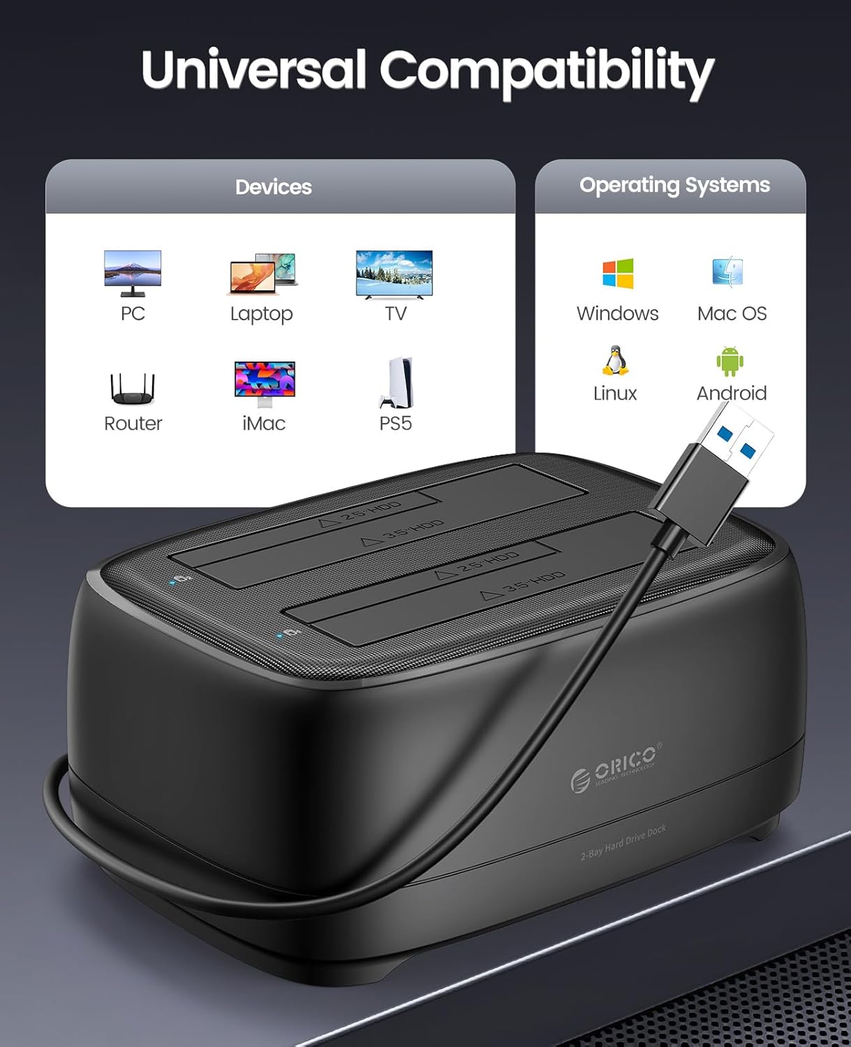 ORICO Dual Bay Hard Drive Docking Station USB 3.0 to SATA III for 3.5inch HDD Max Up to 40TB Support UASP Tool-Free for Files Backup/Game Load (Without Cloner Function)-DD28