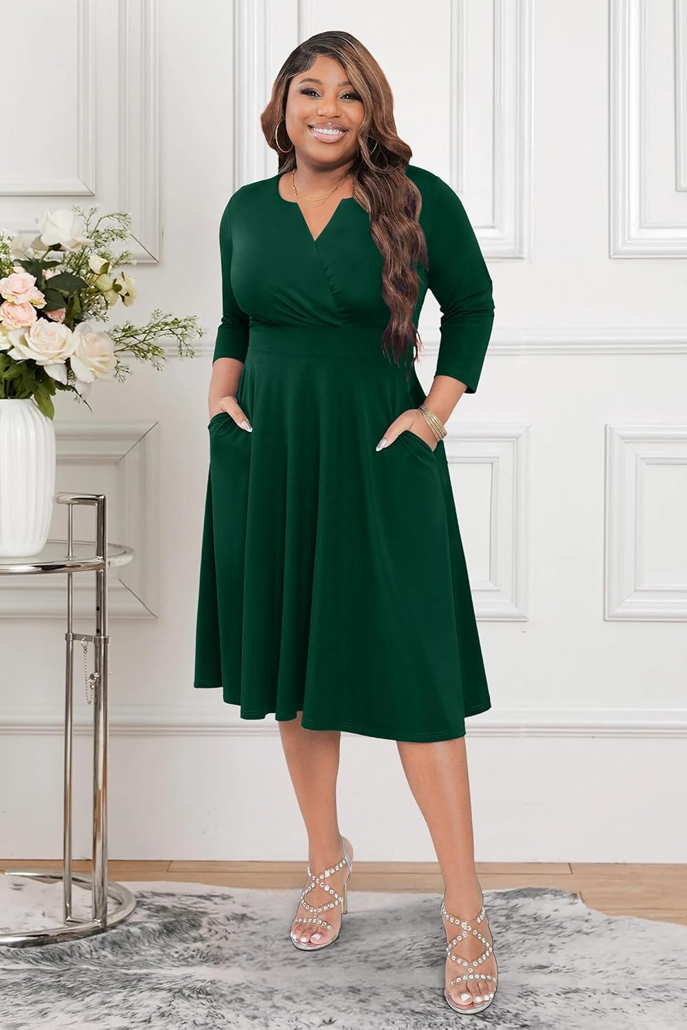 Runwind Women’s Plus Size Midi Dress 3/4 Sleeve Fit and Flare Cocktail Dresses Casual V-Neck Dress with Pockets - Image 4