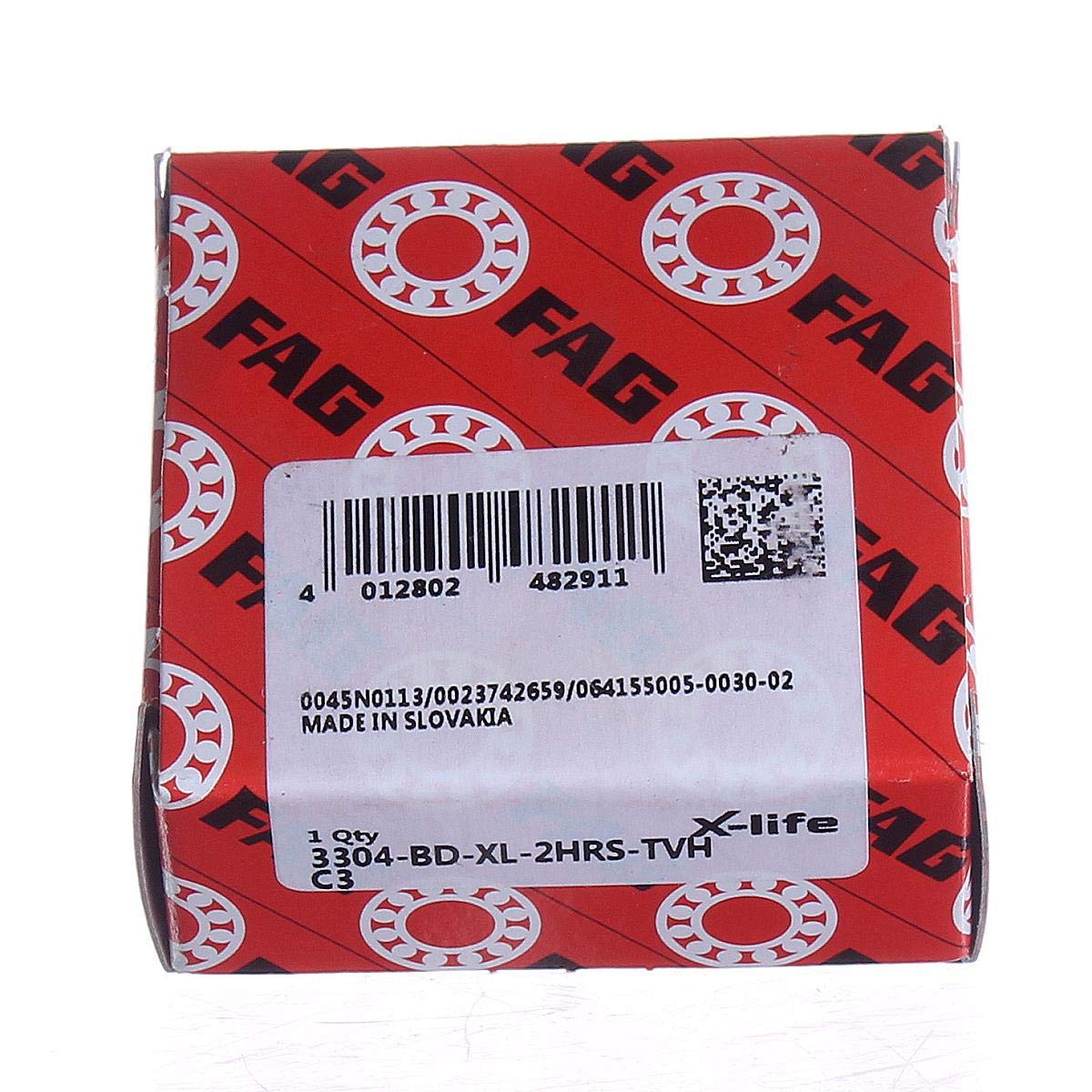 FAG Bearings 3304-BD-2HRS-TVH-C3 Angular Contact Bearing, 20 mm Bore, 52 mm OD, Double Lip Seals, 30 Degree Contact Angle, 0.88" Height, 2.08" Width, 2.08" Length, 20" ID, Polyamide