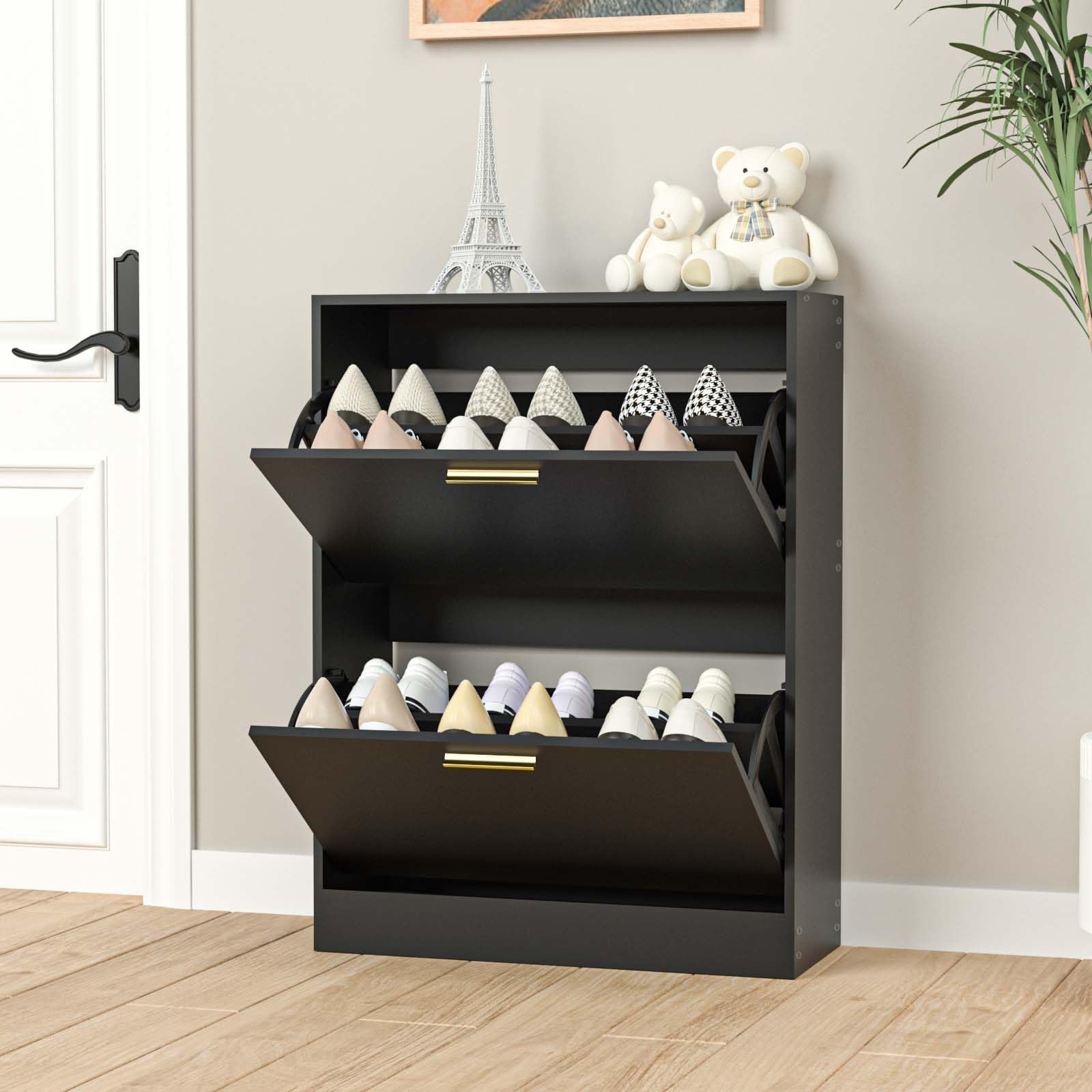 Shoe Cabinet with 2 Flip Drawers, Narrow Hidden Shoe Storage Cabinet for Entryway Slim, Black Shoe Cabinet Freestanding Shoe Organizer Rack for Entryway, Black