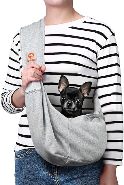TOMKAS Small Dog Sling Carrier - Suitable for Puppies (Grey, S - Zip Pocket & Adjust Strap)