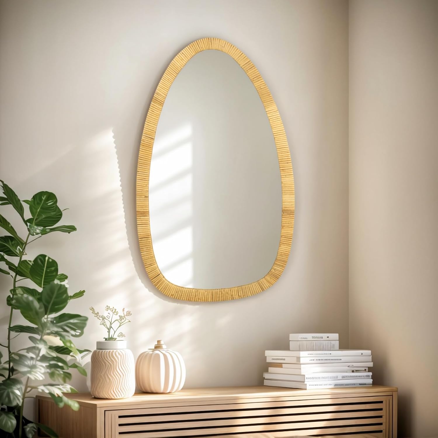 Rattan Boho Mirror for Decor, 31.5" x 18" Handmade Wall Mirror that is Farmhouse and Boho Wall Decor Style, Ideal for Hanging in the Bedroom, Living Room, Entryway, Nursery