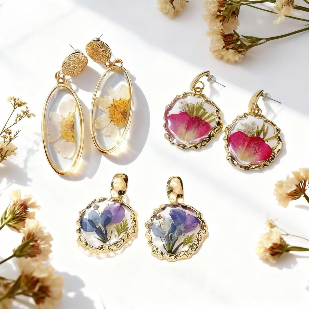 Real Pressed Flower Dangle Earrings for Women, Handmade Boho Chic Floral Jewelry, Gold Tone Earrings Unique Pretty Valentine’s & Mother’s Day Gift for Women Girls Best Friend - Image 7