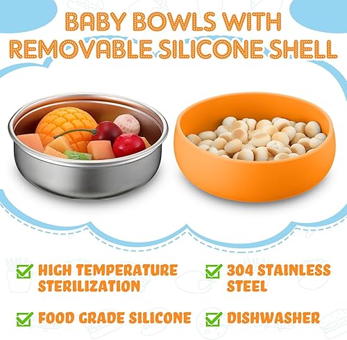 Vista 34 de Nuogo 6 cuencos de acero inoxidable 304 para bebés con carcasa de silicona extraíble para niños pequeños, recipiente antiquemaduras para Color suave