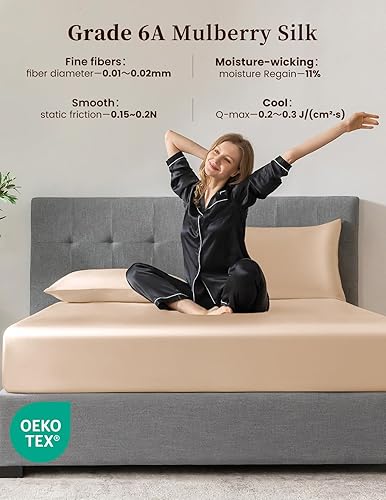 Miniatura 4 de THXSILK Juego de sábanas de 100% seda morera  Juego de sábanas de 3 piezas de seda pura  Sábana bajera de 16 pulgadas de profundidad, 2 fundas de