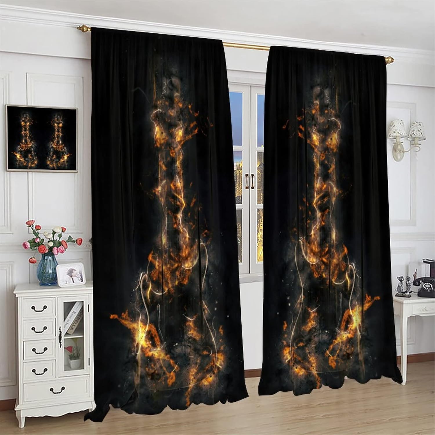 Burning Guitar Blackout Curtains for Bedroom,Cool Heavy Metal Black Fashion Fire Electric Guitar Window Drapes Rod Pocket 2 Panels 45L x 21W