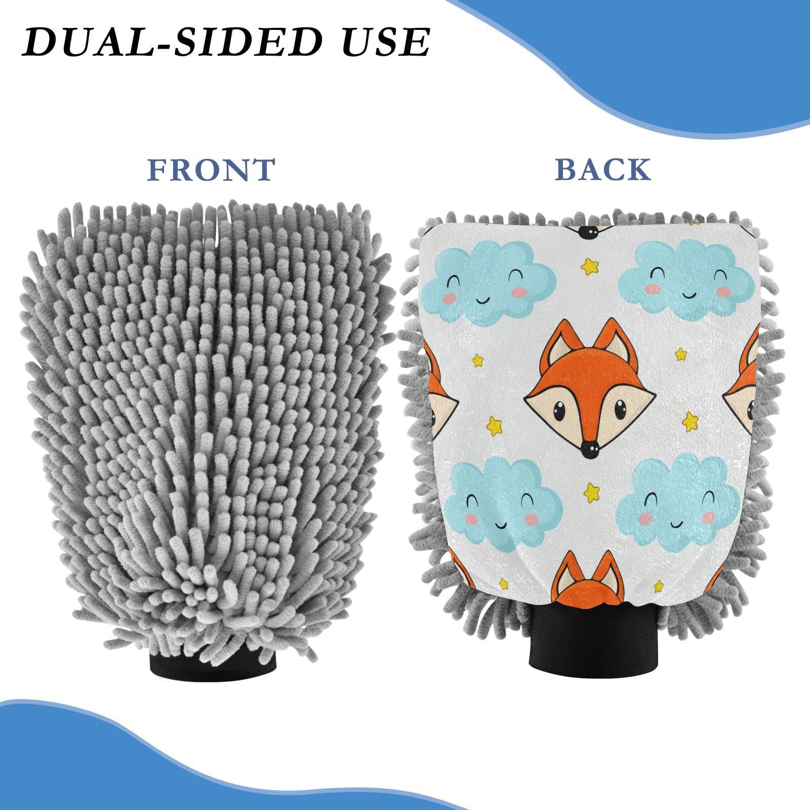 Kigai Cute Cartoon Fox Car Wash Mitt Microfiber, 2Pcs Scratch Free Lint-Free, Premium Chenille Microfiber Mitt Car Wash Brush-M