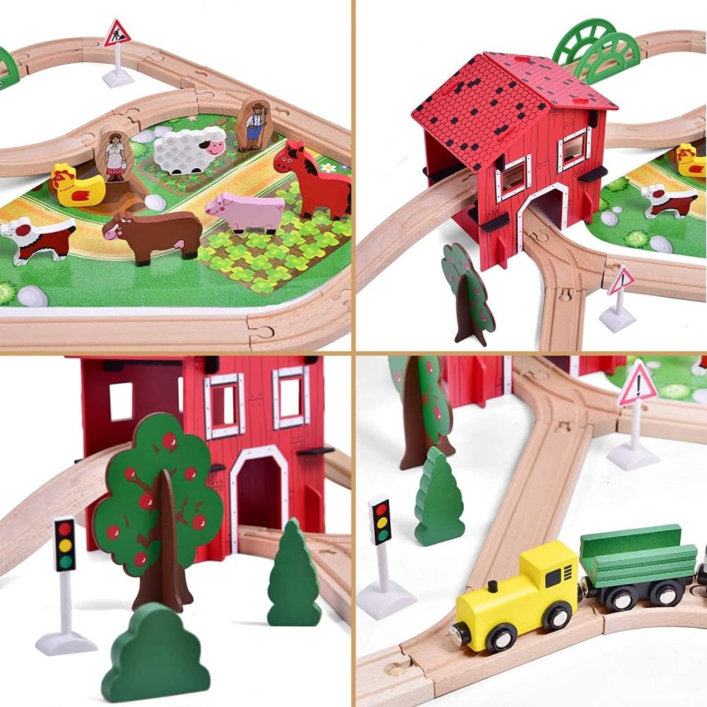 Montessori Holz Eisenbahn Set City Train – 77-teiliges Deluxe Set mit Tieren, Bauernhof & Zubehör – Lernspielzeug ab 2 3 4 5 Jahren – Top Geschenkidee für Kinder