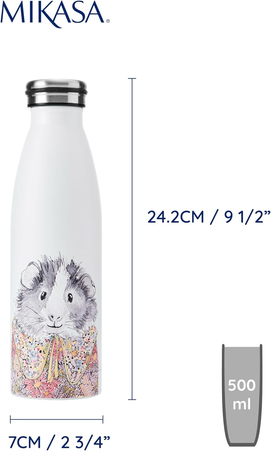 MIKASA Tipperleyhill Double-Walled Stainless Steel Bottle, 500ml Vacuum-Insulated Drinks Bottle Keeps Drinks Cold and Hot, BPA-Free Stainless Steel Hydration Bottle with Guinea Pig Print