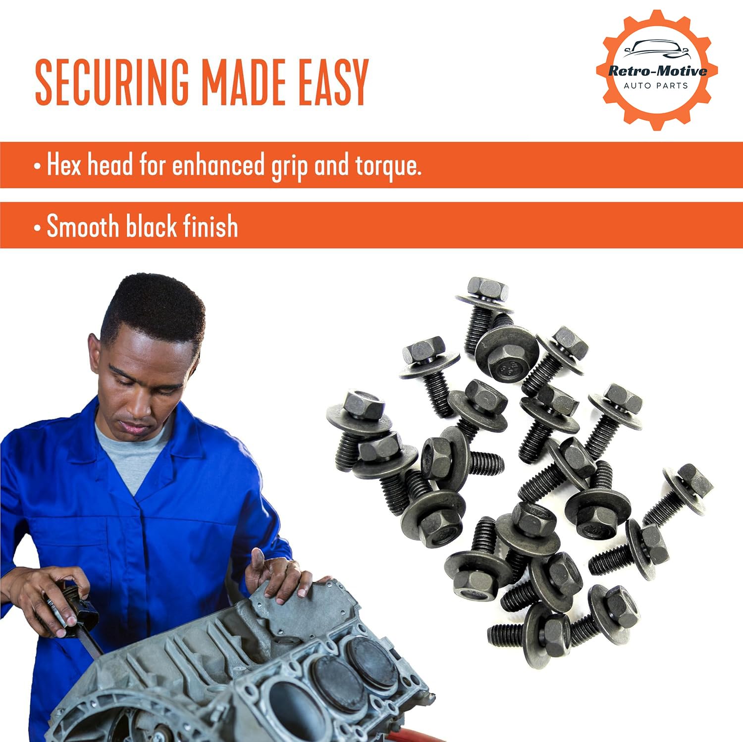 Retro-Motive Body Bolts- M6-1.0mm x 20mm Long- 10mm Hex- 17mm Washer- Fits Nissan- Qty.20 Bolts- #1906-20