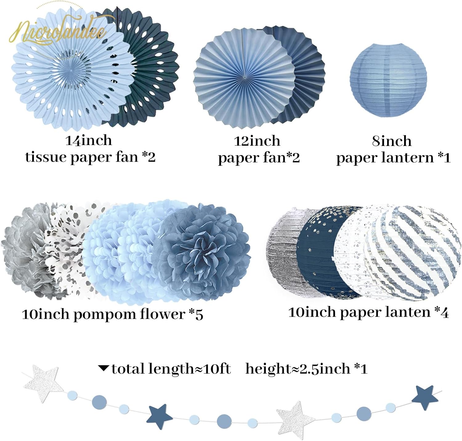 19Pcs Dusty Blue Party Decorations, Hanging Paper Lanterns Fans Tissue Flower Pom Poms Swirls for Wedding, Birthday, Something Blue Bridal Shower Bachelorette Party Baby Shower Decorations