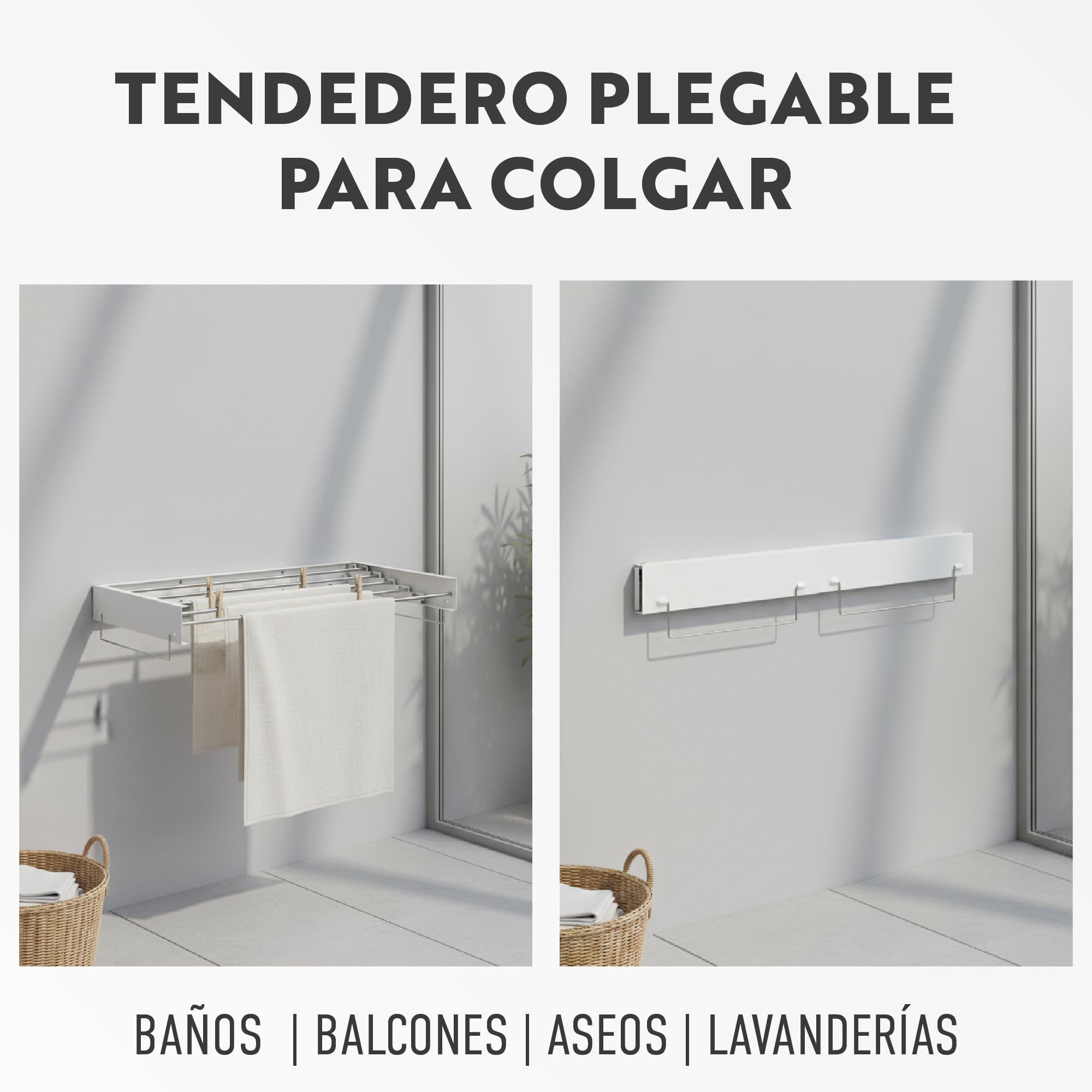 Tendedero Plegable de Pared 5 Niveles para Colgar Ropa | Extensible y abatible | Incluye asa Colgante | Soporta hasta 30 kg | Profundidad Plegado 3 cm | 80 o 100 cm (100cm)