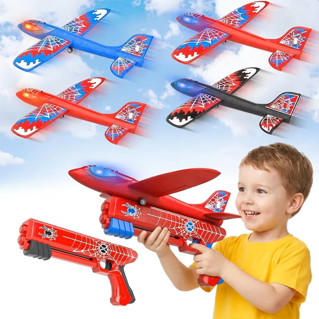 Doloowee Boys Toys for 3 4 5 6 Years Old, 4 Foam Airplane with 2 Launcher, Outdoor Garden Toys with Light, Kids Gift 3 4 5 6 7 8 Years Old