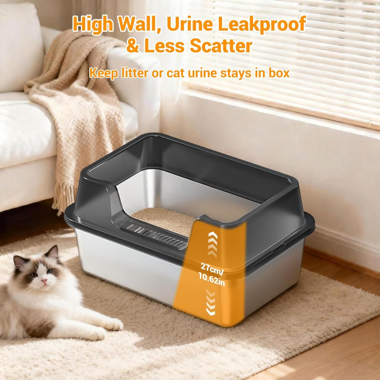 Garvee Stainless Steel Litter Box, XL Enclosed Cat Litter Boxes with Lid for Big Cats and Multi-Cats, High Sided, Anti-Urine Leakage Non-Stick Bottom Include Scoop Easy to Clean