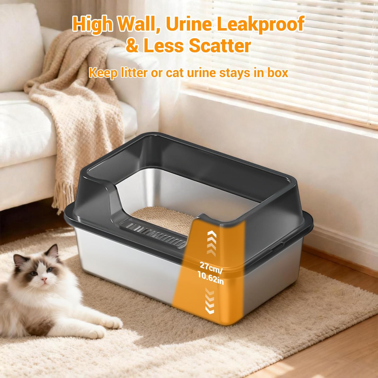 Stainless Steel Litter Box, XL Enclosed Cat Litter Boxes with Lid for Big Cats and Multi-Cats, High Sided, Anti-Urine Leakage Non-Stick Bottom Include Scoop Easy to Clean - image 6