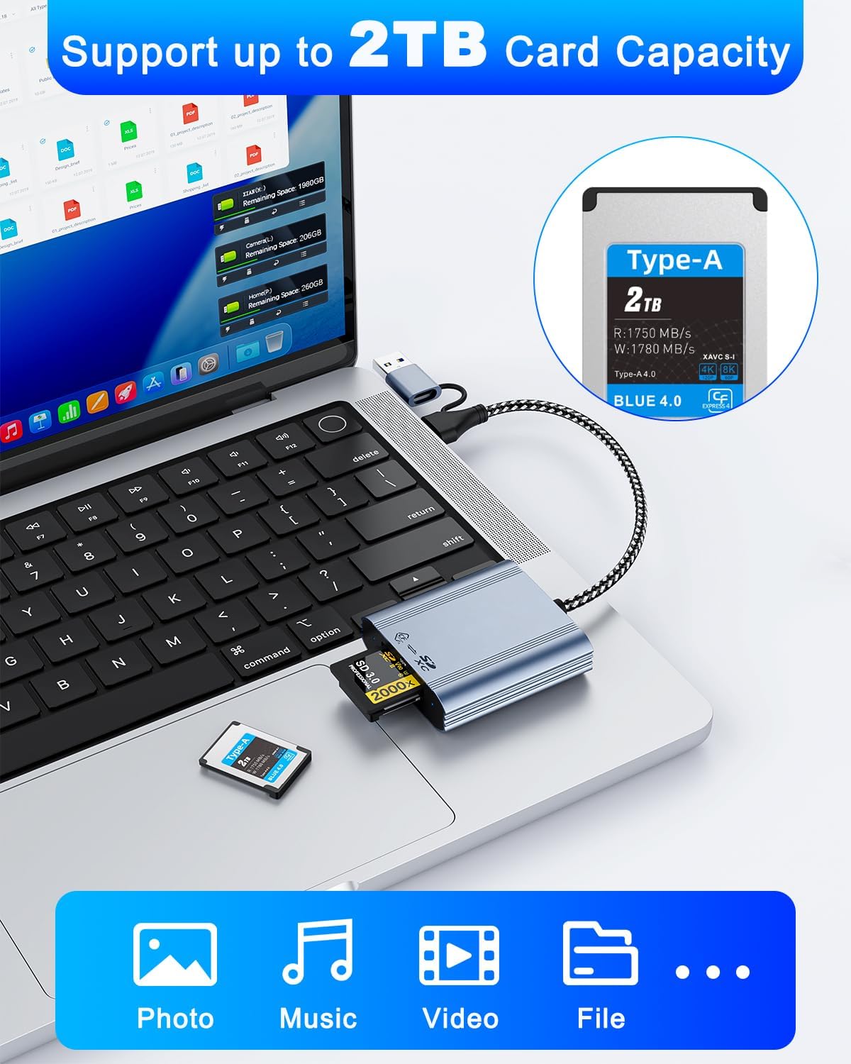 CFexpress Type A & SD Card Reader, USB 3.2 Gen 2 10Gbps Dual Slot, 2-in-1 CF Express Type A Card Adapter, Supports Simultaneous Read/Write for Windows/Mac/iOS/Android/Linux, All-Metal Design