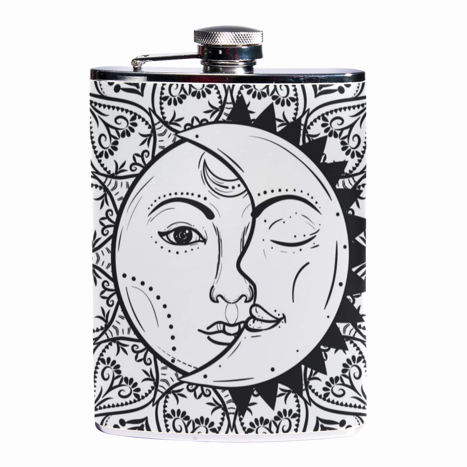 Custom Flask for Liquor Stainless Steel with Leather Pot For Men,Leakproof Funnel,7.7 oz Solar Eclipse Concept