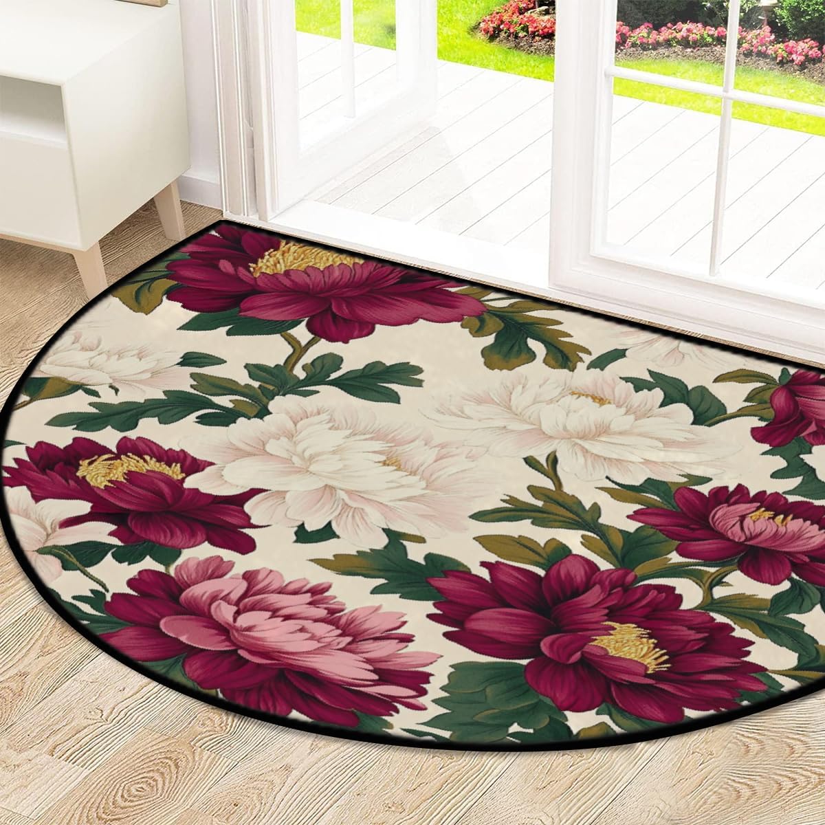Maroon Flower Half Circle Door Mat, Non-Slip Indoor Carpet for Living Room Bedroom Cloakroom 63x39.4inch