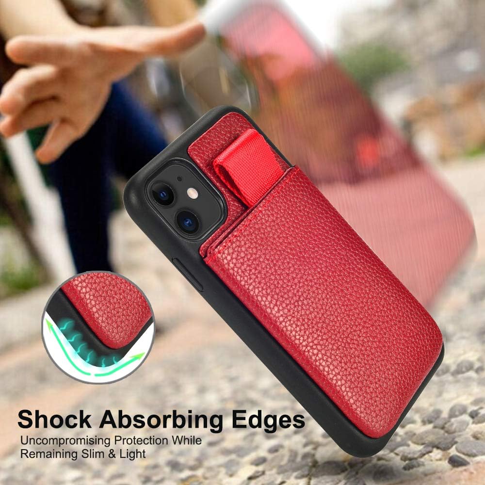 LAMEEKU iPhone 11 Wallet Case, iPhone 11 Card Holder Case with Credit Card Slot Holder Leather Case Protective Phone Case with TPU Bumper Cover for Apple iPhone 11 6.1" (2019) - Riding Red