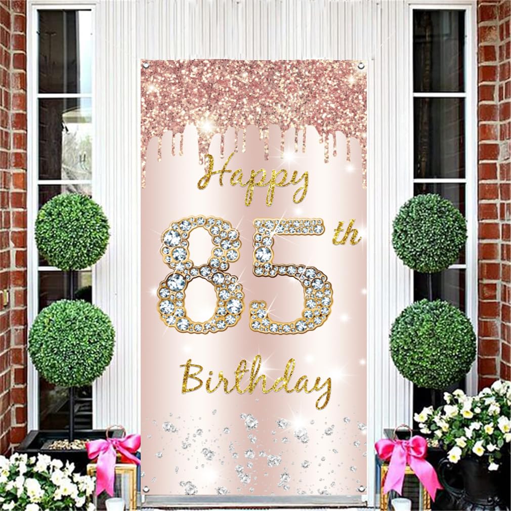 85. urodziny dekoracja damska, Happy 85th Birthday Door Banner różowe złoto, 85. urodziny tkanina tabliczka plakat dekoracja drzwi, 85. urodziny tło baner damski, przyjęcie urodzinowe tabliczka