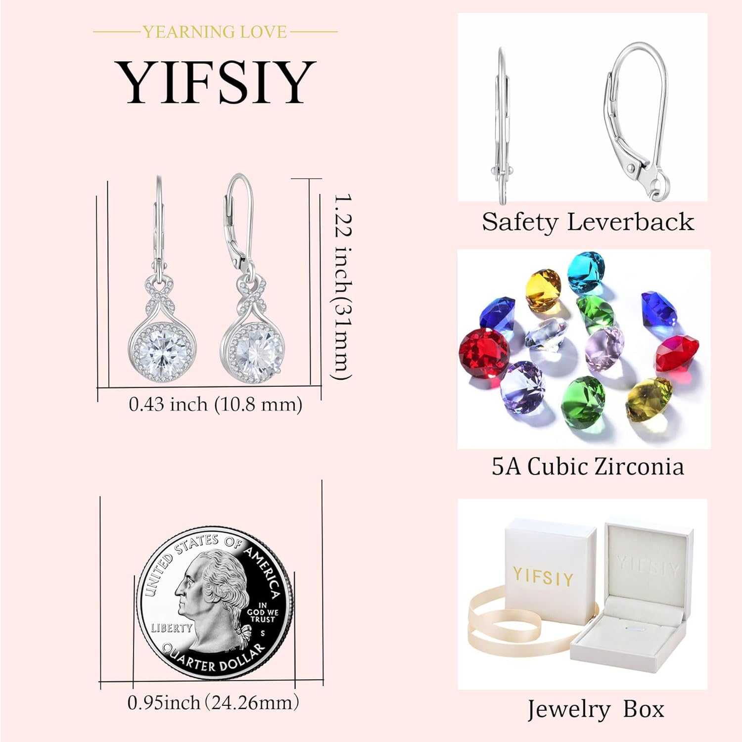 Infinity Drop Earrings for Women, 925 Sterling Silver Round Cut Zircon Leverback Earring Birthstone Jewelry Gift for Birthday Anniversary