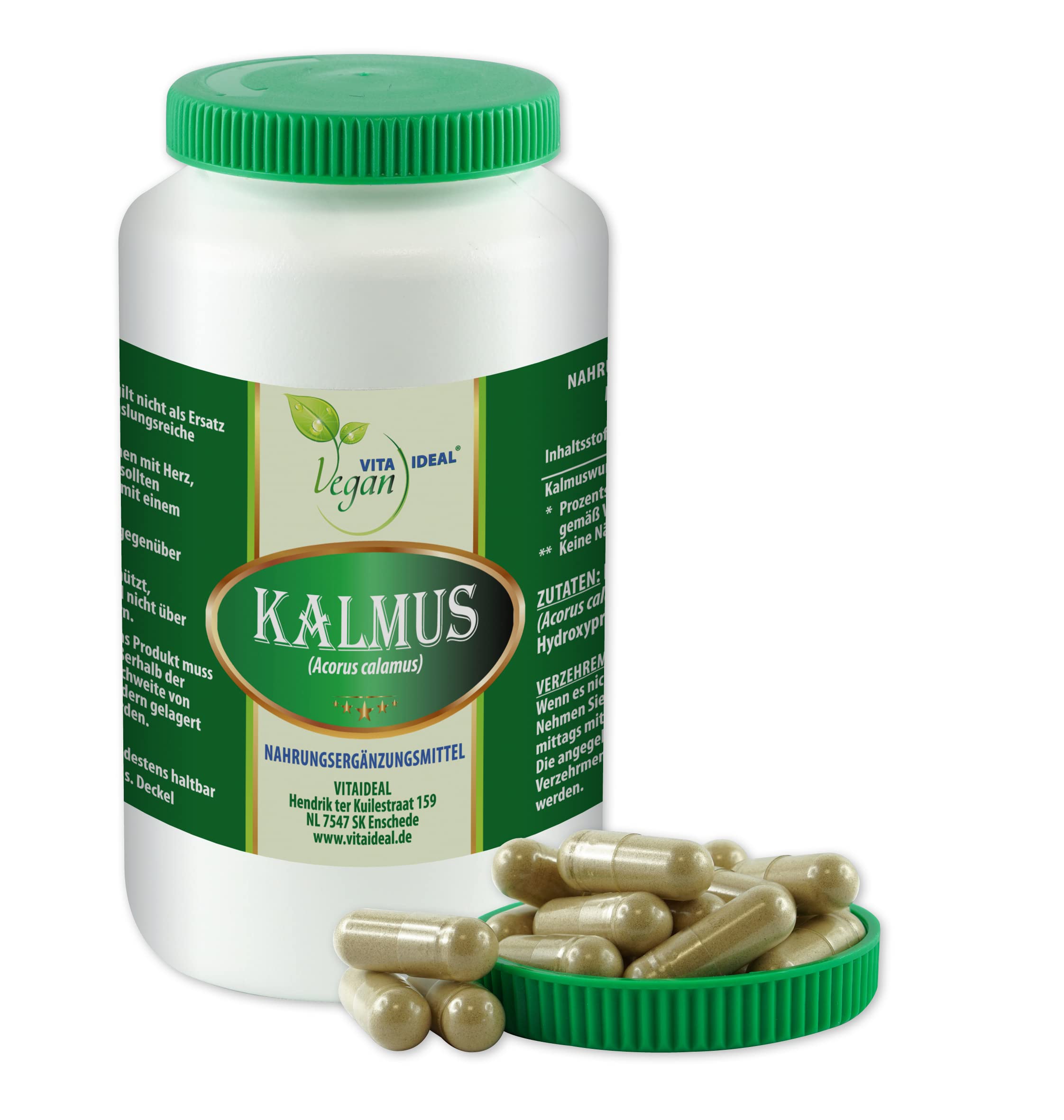VITA IDEAL Vegan® Kalmus Wurzel 180 Kapseln - Acorus calamus - Tgesportion 800mg Kalmuswurzel Pulver natur, gemahlen. Pflanzlich, natürlich und ohne Zusatzstoffe, original von VITAIDEAL.