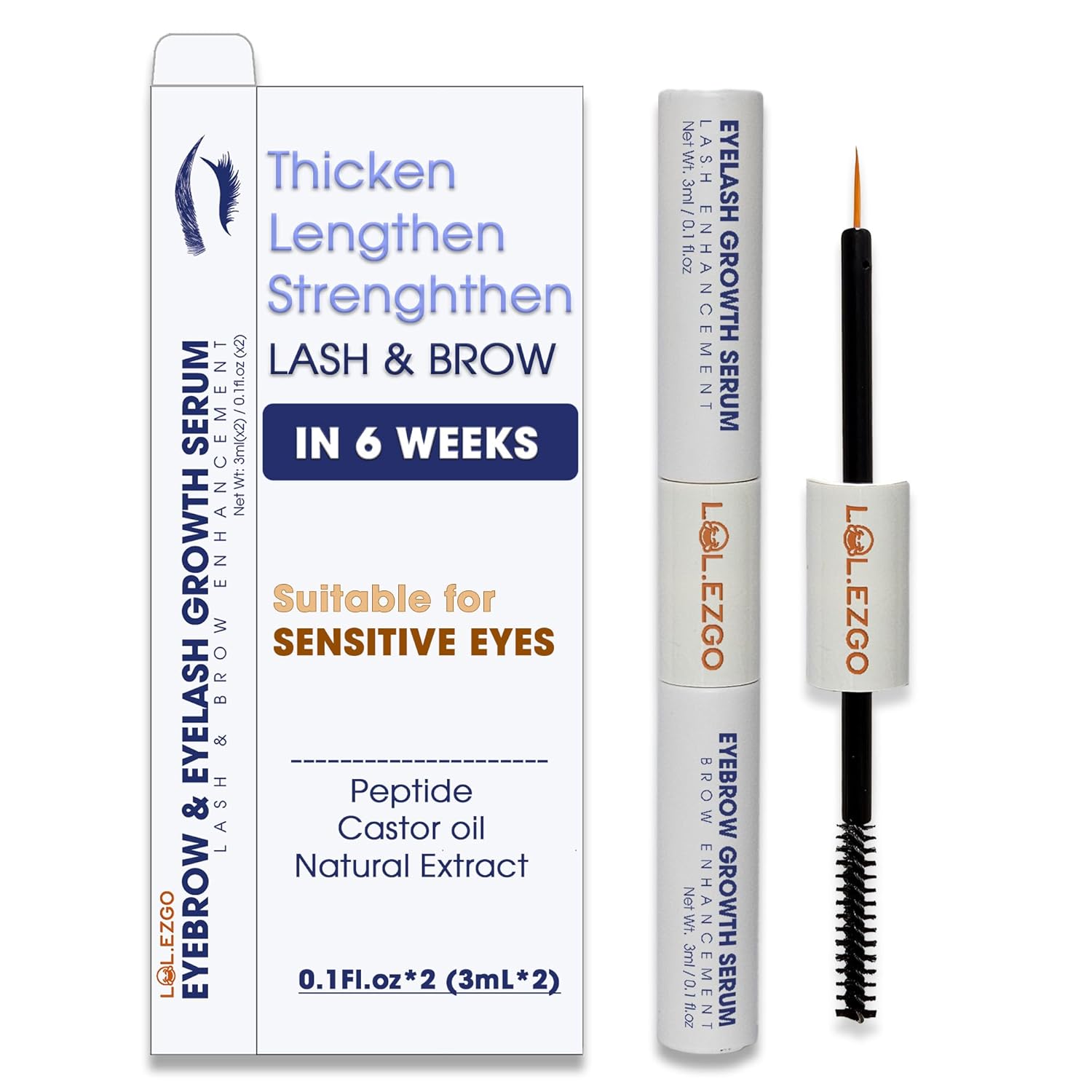 (2 pcs) Eyebrow & Eyelash Growth Serum for Sensitive Eyes (2 in 1) - Peptide, Castor Oil & Natural Extract in Formula to Strengthen Thicken Lengthen Lash and Brow - 3mLx2 for 3 Months Supply