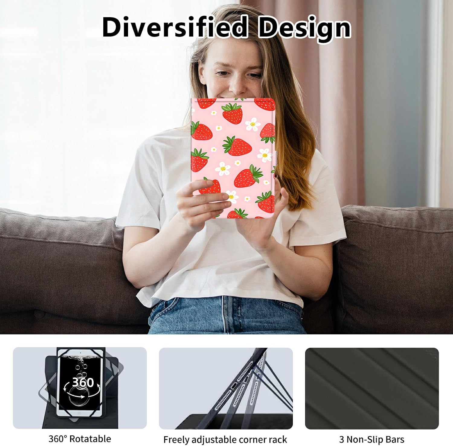 Universal 9-10.5 Inch Tablet Case,360 Rotating Folio Stand with Elastic Straps,for iPad 10.2/9.7,Fire HD 10/Plus,Samsung A10.1/A8,Onn 10.1,Revvl Tab 2,Lenovo M10,Cute Pink Strawberry image 5