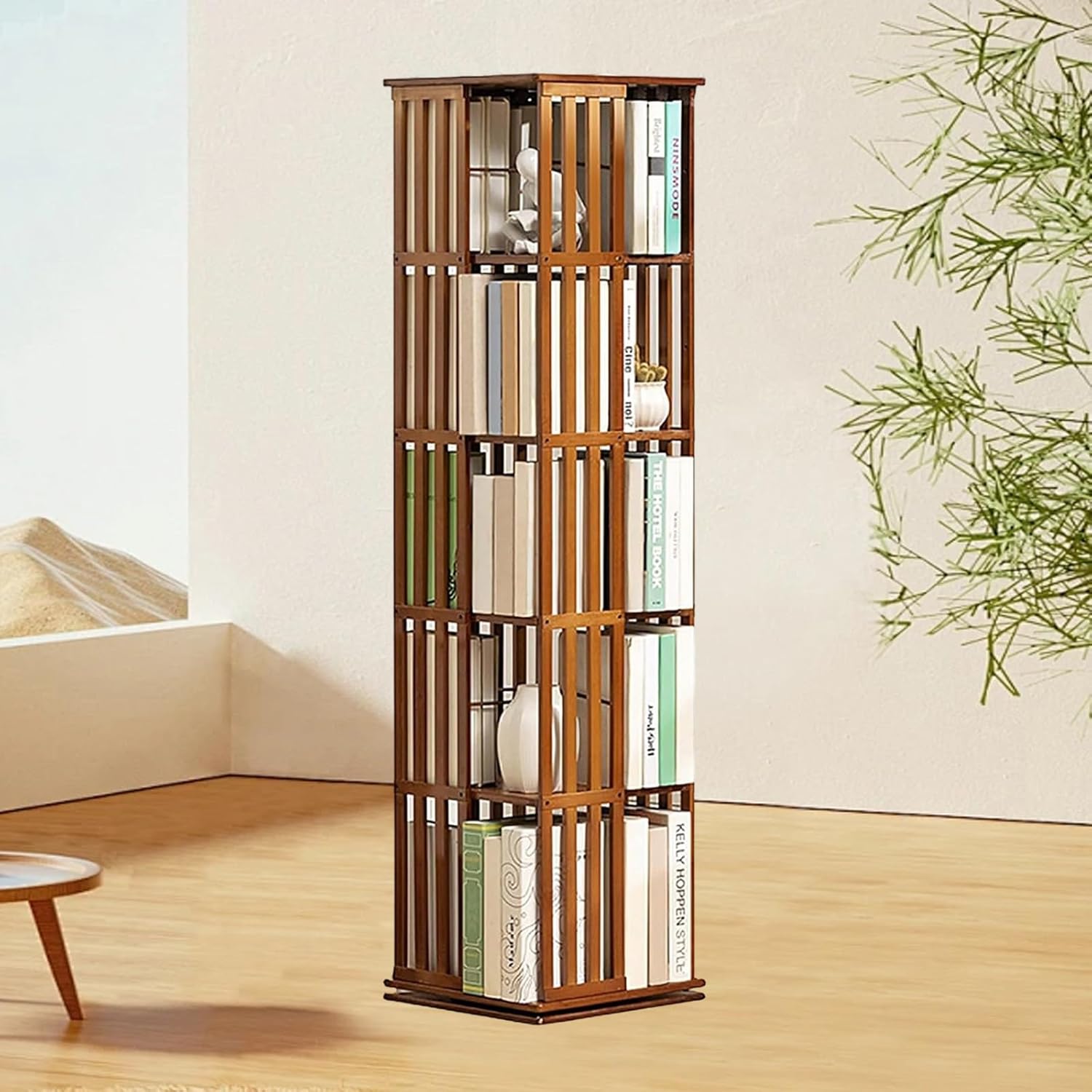 5/6 Tier Rotating Bookshelf, 360° Rotating Bookshelf, 360 Display Bamboo Revolving Bookshelf, Solid Wood Rotating Bookshelf, Shelves Rotating Bookcase,Brown-5Tier