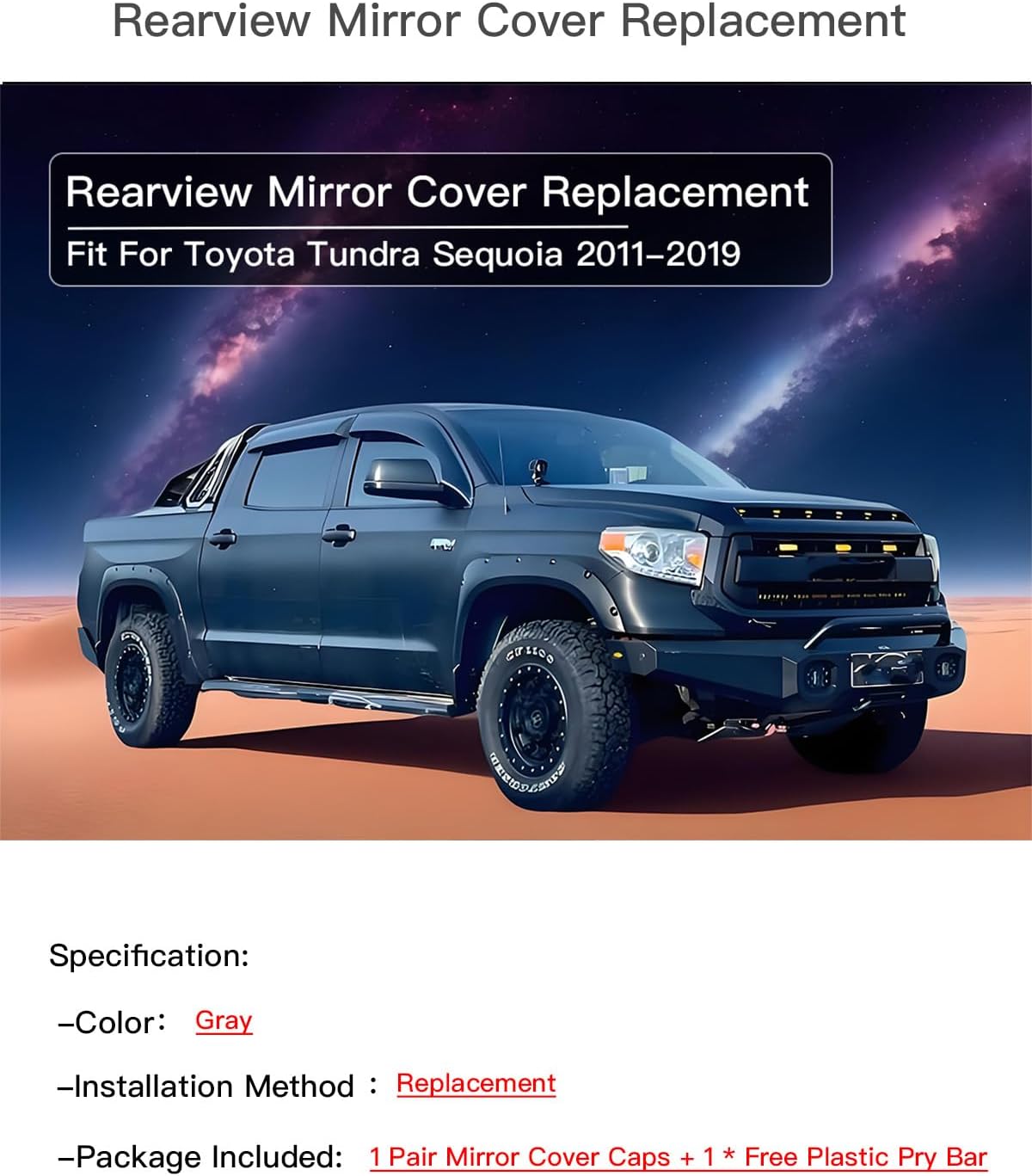Left & Right Side Mirror Cover Cap Compatible with Toyota Tundra 2010-2021 Gray