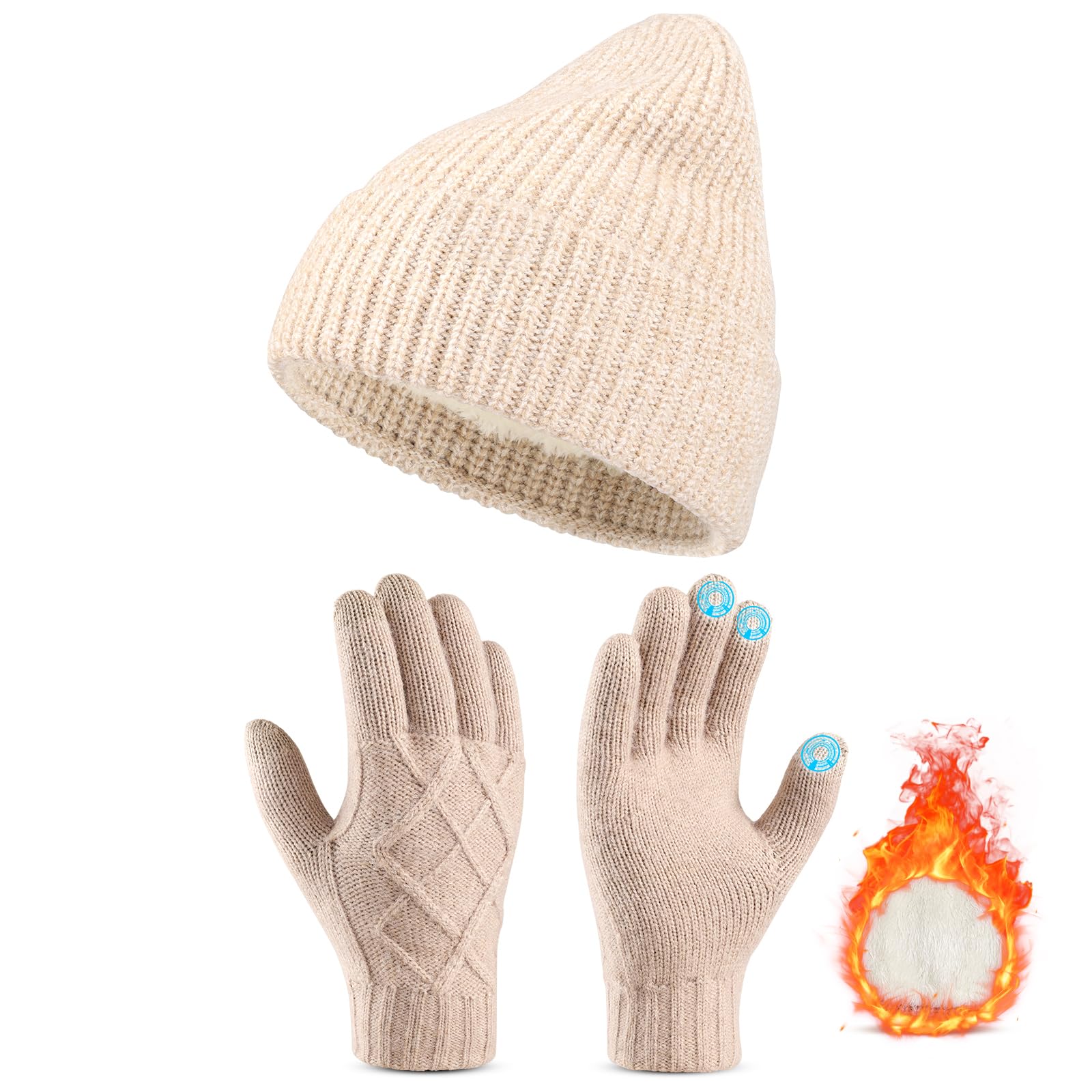 Winter Gloves Beanie Hat Set: Women Men Warm Fleece Windproof Touchscreen Gloves Skull Cap Set for Cold Weather-image-21