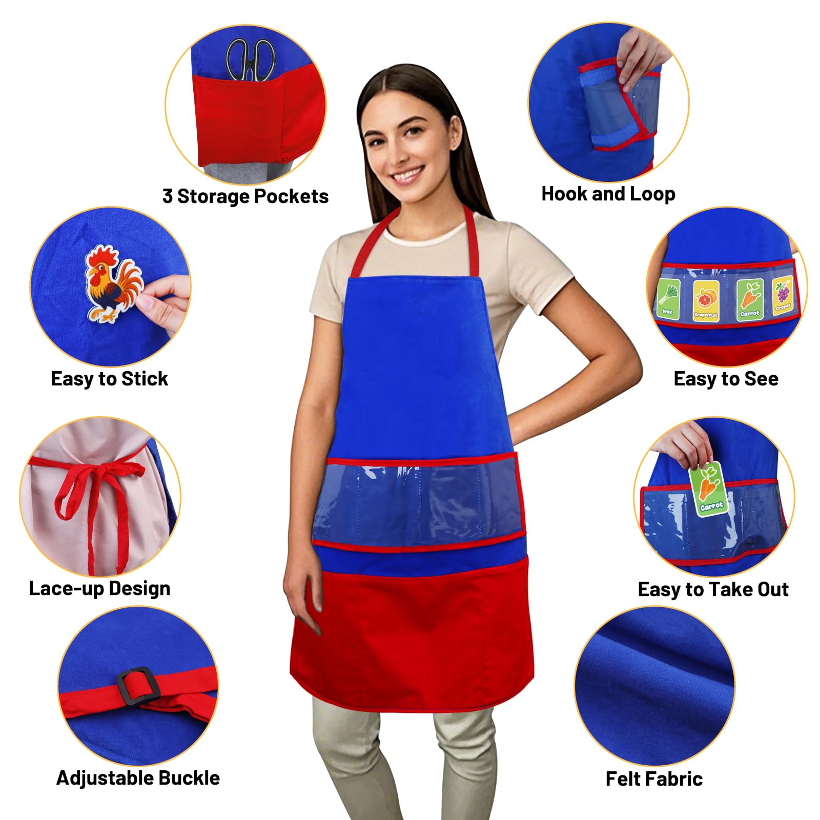 AKAYOK Felt Story Apron for Teacher, Adjustable Bib Apron with 3 Pockets Perfect for Teaching Letters and Sounds, Sight Words or Stories, Teacher Apron for School Classroom Lunchroom Library Home - Image 4
