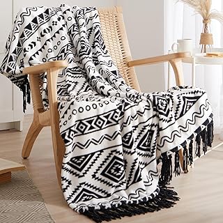 CASAAGUSTO Boho Throw Blanket - Black and White Decorative Blankets with Tassel, Printed Flannel Bohemian Blanket for Chair, Bed, Sofa, Couch(50 * 60, Black and White) - Buy now