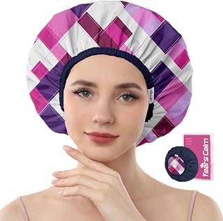Years calm Waterproof Shower Cap for Women - Double-Layer Reusable Bath Cap with Elastic Band for Long/Short/Curly/Braids Hair, Washable & Travel-Friendly, Fit for Shower, Spa (Geometric Shower Cap)