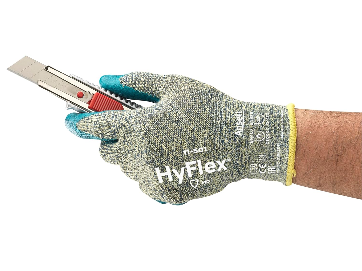 Ansell HyFlex 11-501 Kevlar Glove, Cut Resistant, Blue Foam Nitrile Coating, Knit Wrist Cuff, Large, Size 9 (Pack of 12)