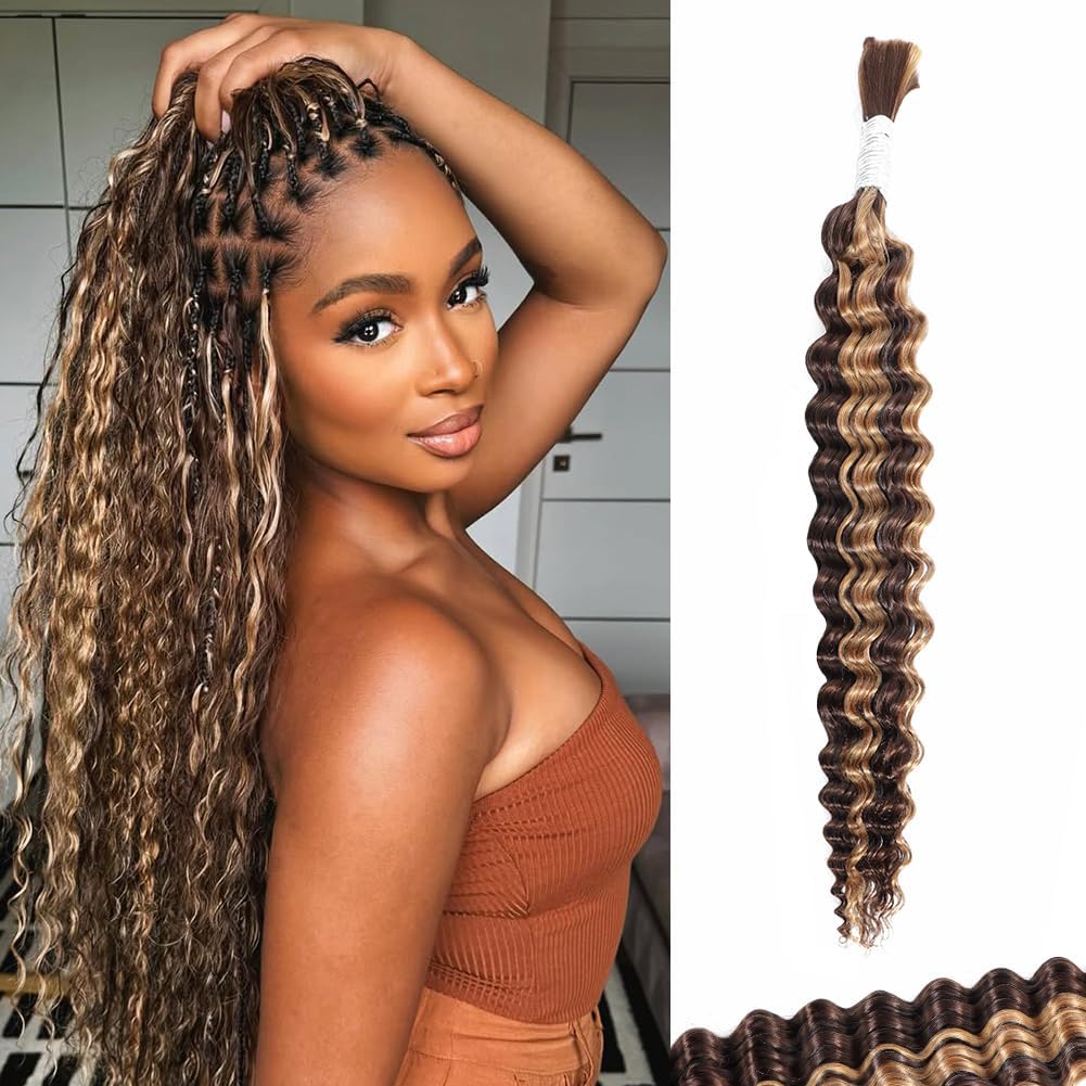 Boho Curly Honey Blonde Ombre Braiding Hair 50g 18 Inch, P4/27 Human Hair Bundles for Braiding Boho Knotless Braids Curly Deep Wave, 12A No Weft 100% Unprocessed Brazilian Virgin Hair