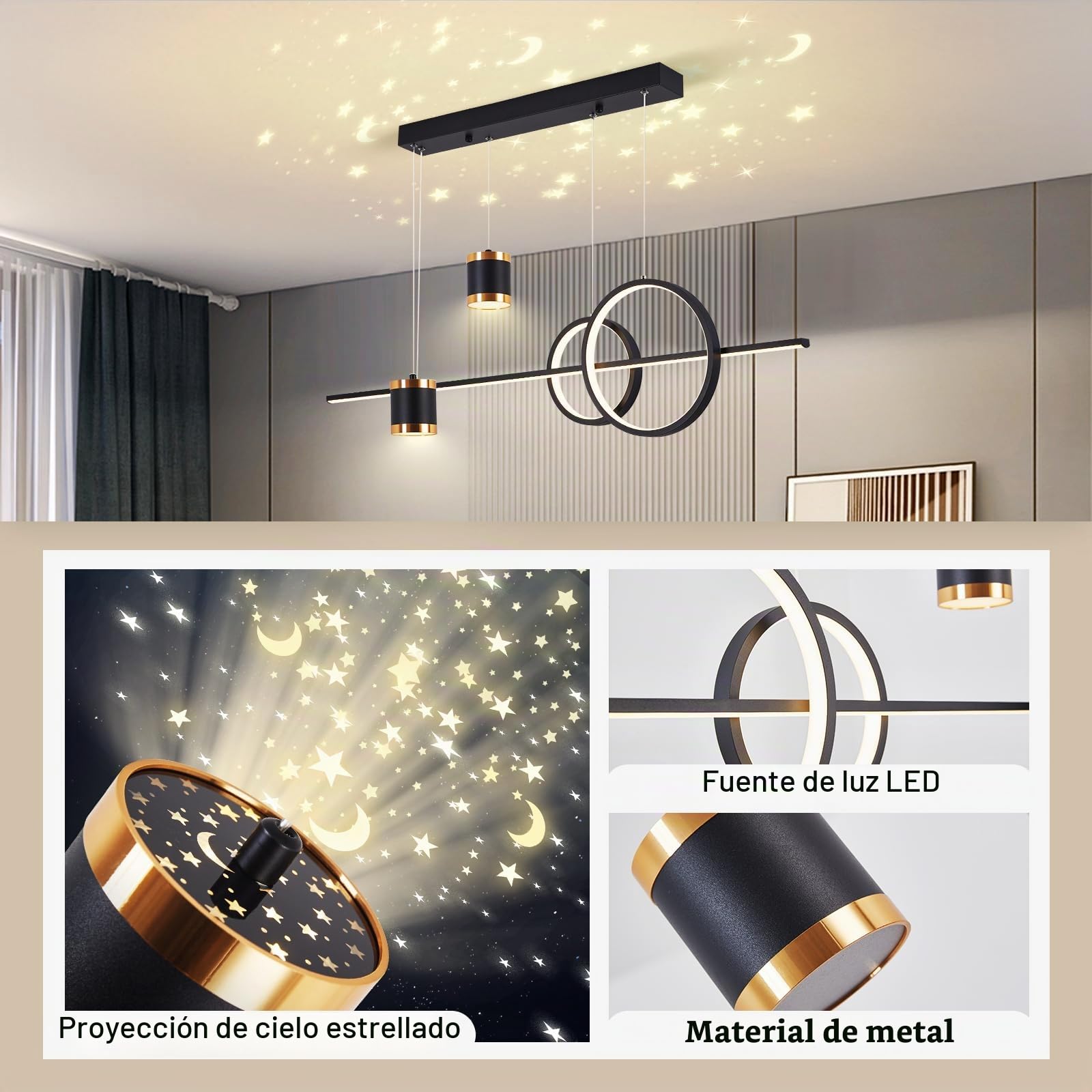 Lámpara Colgante LED Moderna, L100CM Negro | Regulable Lamparas de Techo Comedor Colgante LED con Mando a Distancia/APP, para Cocina, Sala de estar, Comedor