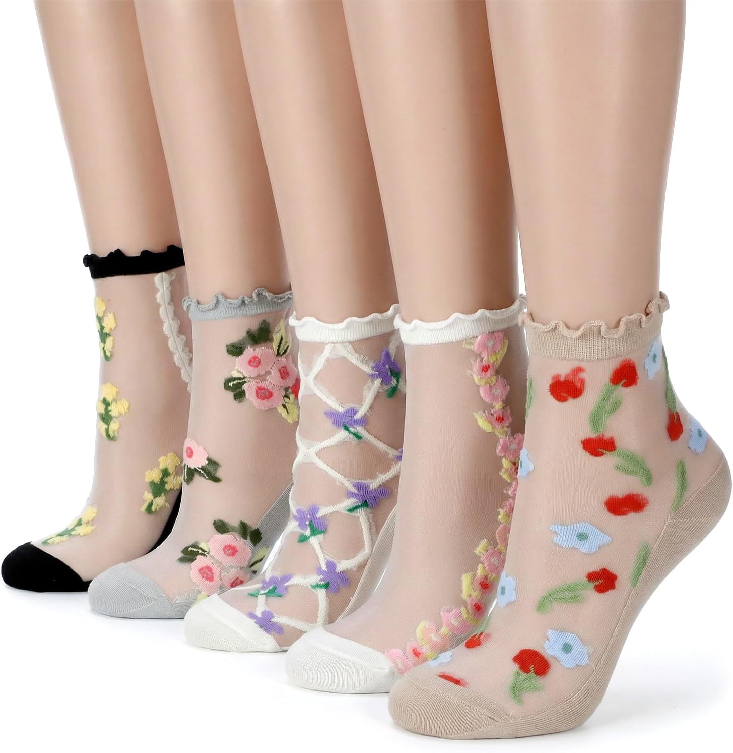 Women Sheer Socks 5 Pairs Ultra Thin Sheer Ankle Socks Breathable Silk Sock Nude Stocking for and Girls