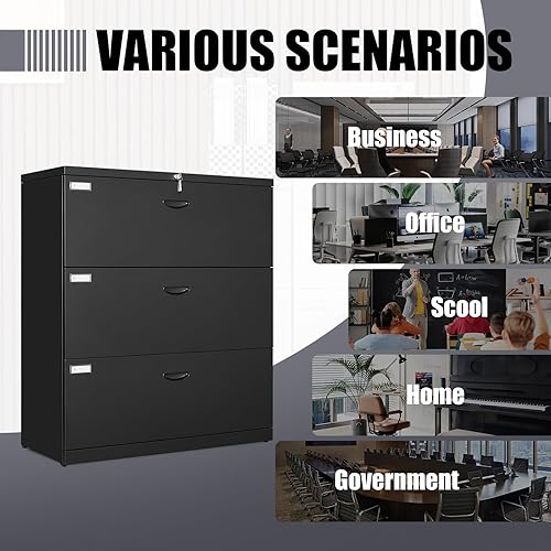 Miniatura 7 de Archivador lateral de 3 cajones con cerradura para oficina en casa, archivador ancho de metal, archivador de acero para tamaño cartalegalA4F4, color