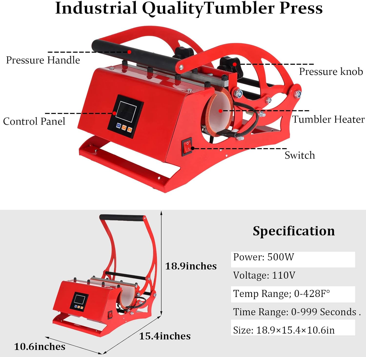20oz Tumbler Heat Press Machine, Cup Heat Press DIY Sublimation for 11oz/15oz/16oz/20oz Straight Skinny Sublimation Tumblers Mugs Heat Transfer Print (red) (H-10)