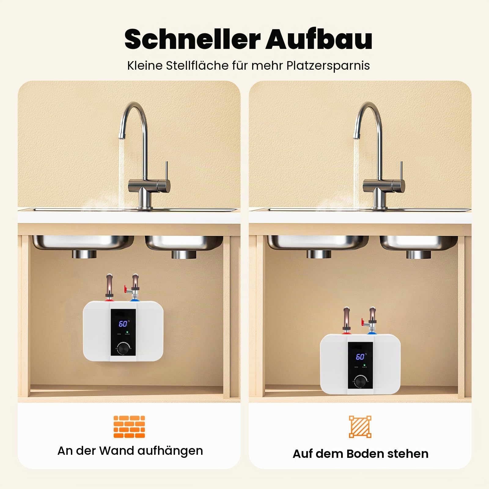 6L Untertischboiler Elektrisch, 1500W Warmwasserspeicher 0-65 °C mit Digitaler Anzeige, Warmwasserbereiter für Küchenspüle, Waschbecken, Badezimmer, Balkon (Weiß)