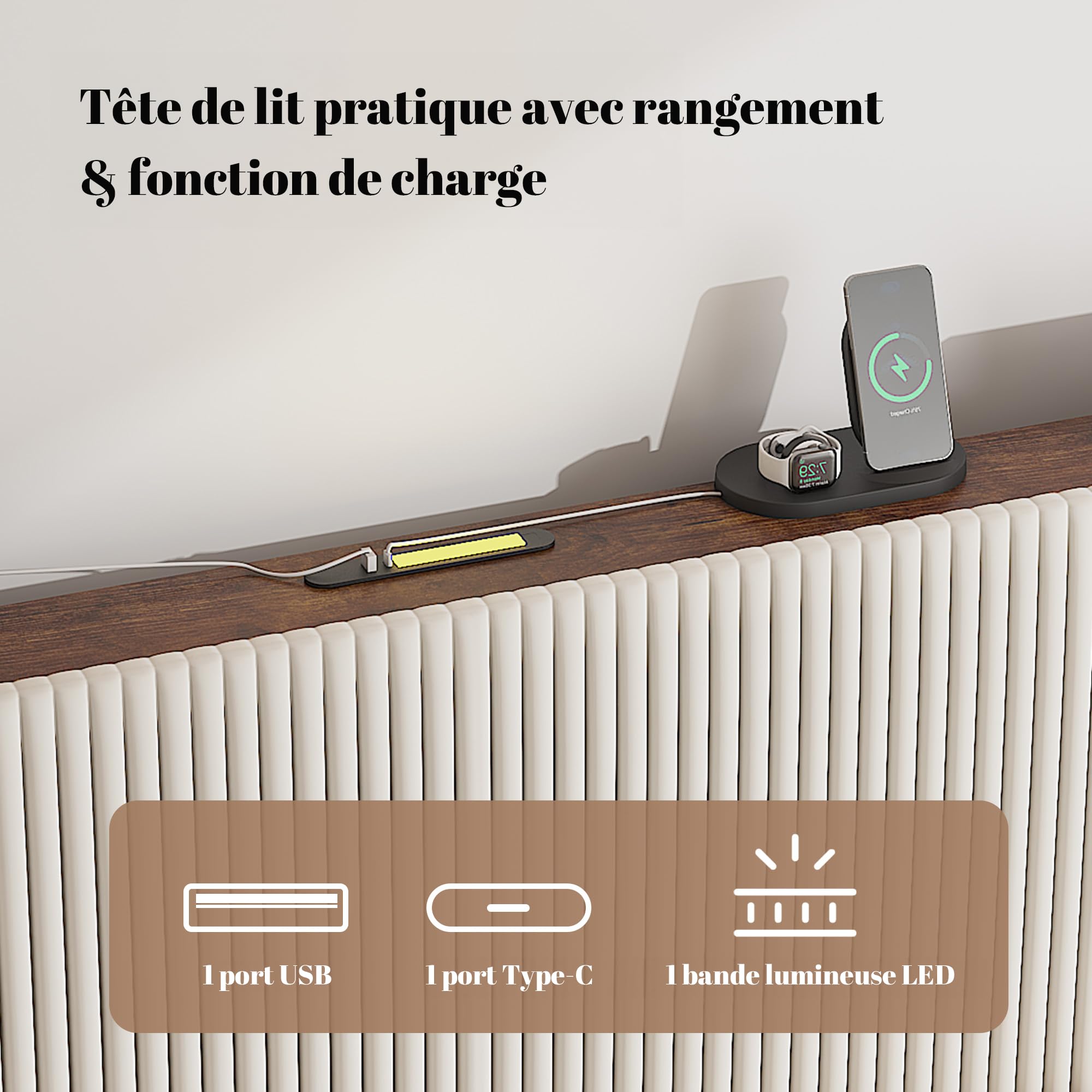 OKMYHOME Letto Imbottito 180x200 cm, Letto Matrimoniale Grande con LED e Porta USB Tipo C, Struttura con Rete a Doghe in Metallo, Tessuto a Coste, Beige, Senza Materasso