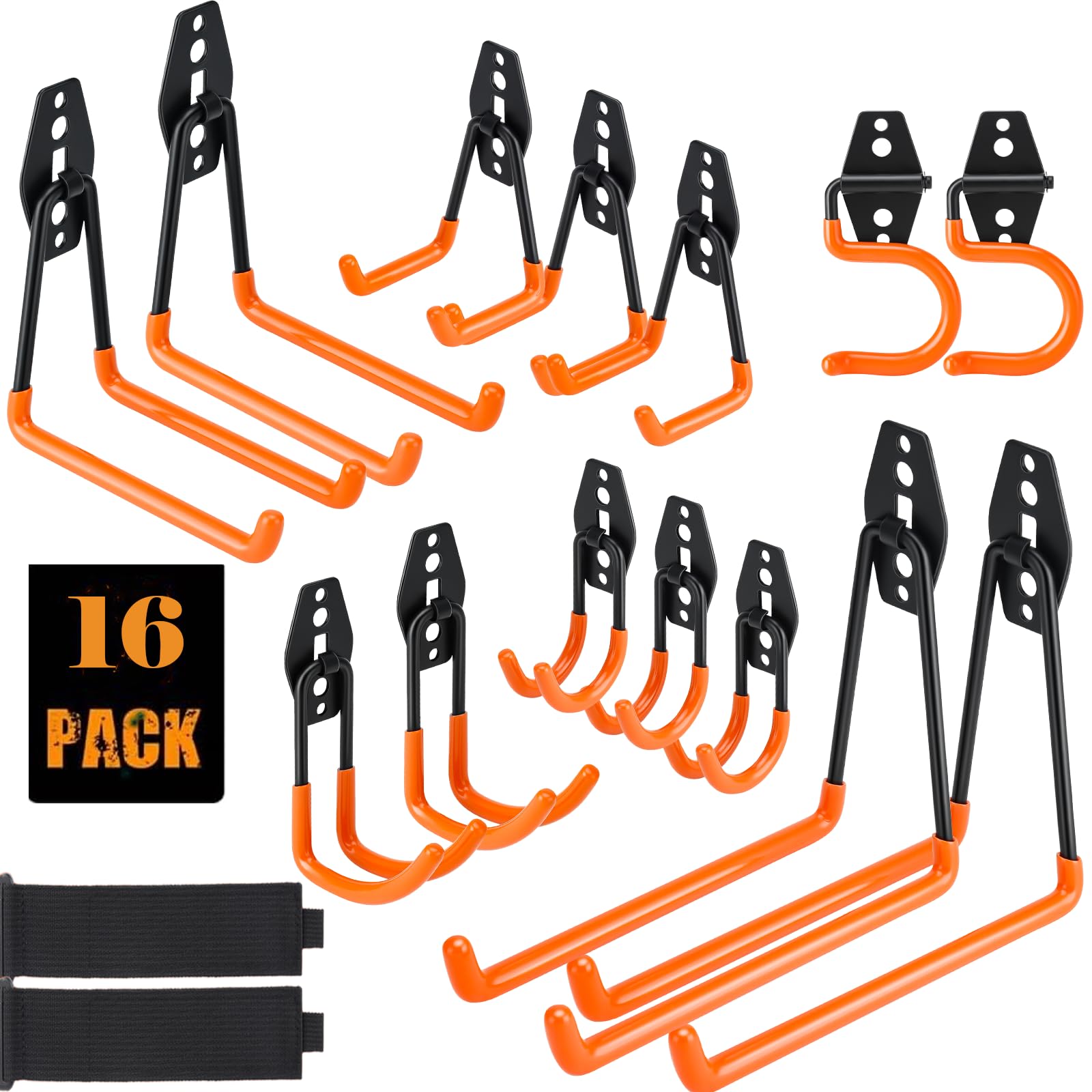 Dorisy Upgraded 16 Packs Garage Hooks Utility Double Heavy Duty with Mop Broom Holders, Wall Mount Hooks, Garage Storage Organization and Tool Hangers for Power ＆ Garden Tools, Ladders, Bikes(Orange)